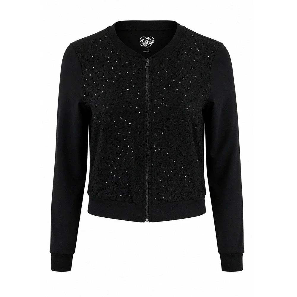 Justice Girls Black Lace Sequin Bomber Jacket Full Zip Size 18 Kids Sparkle Glam